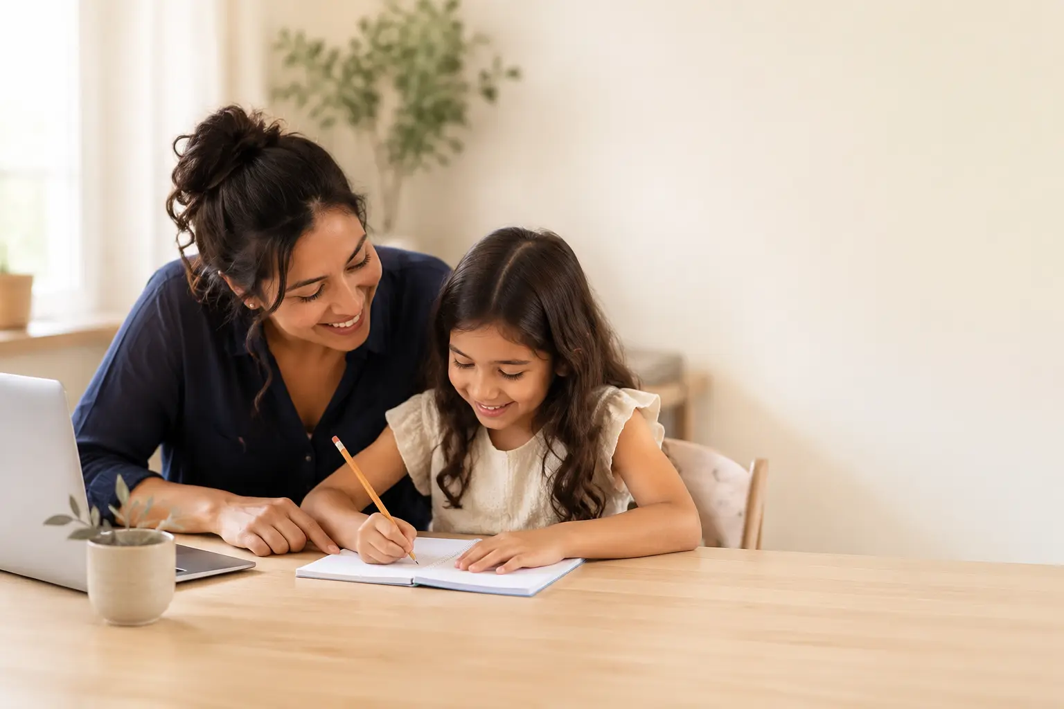 Madre e hija trabajando juntas en un escritorio en casa